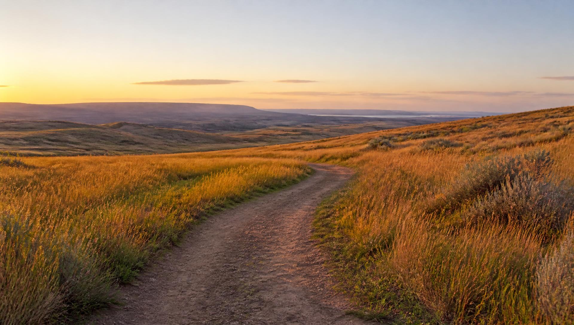 A footpath curving through prairie grasses in warm evening light