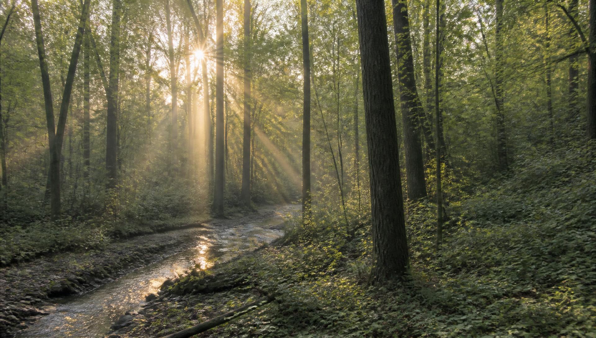 Morning light falling through tall trees onto a quiet woodland stream